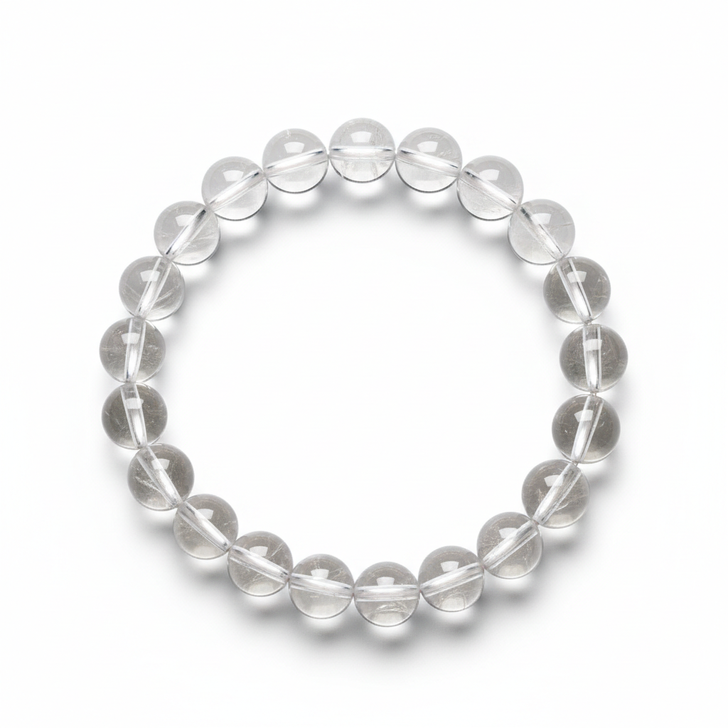 Natural Sphatik Crystal Bracelet full product shot on white background showing luminous clear quartz beads