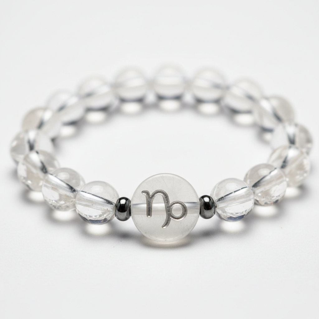 Capricorn Bracelet close-up of zodiac crystal beads on white background