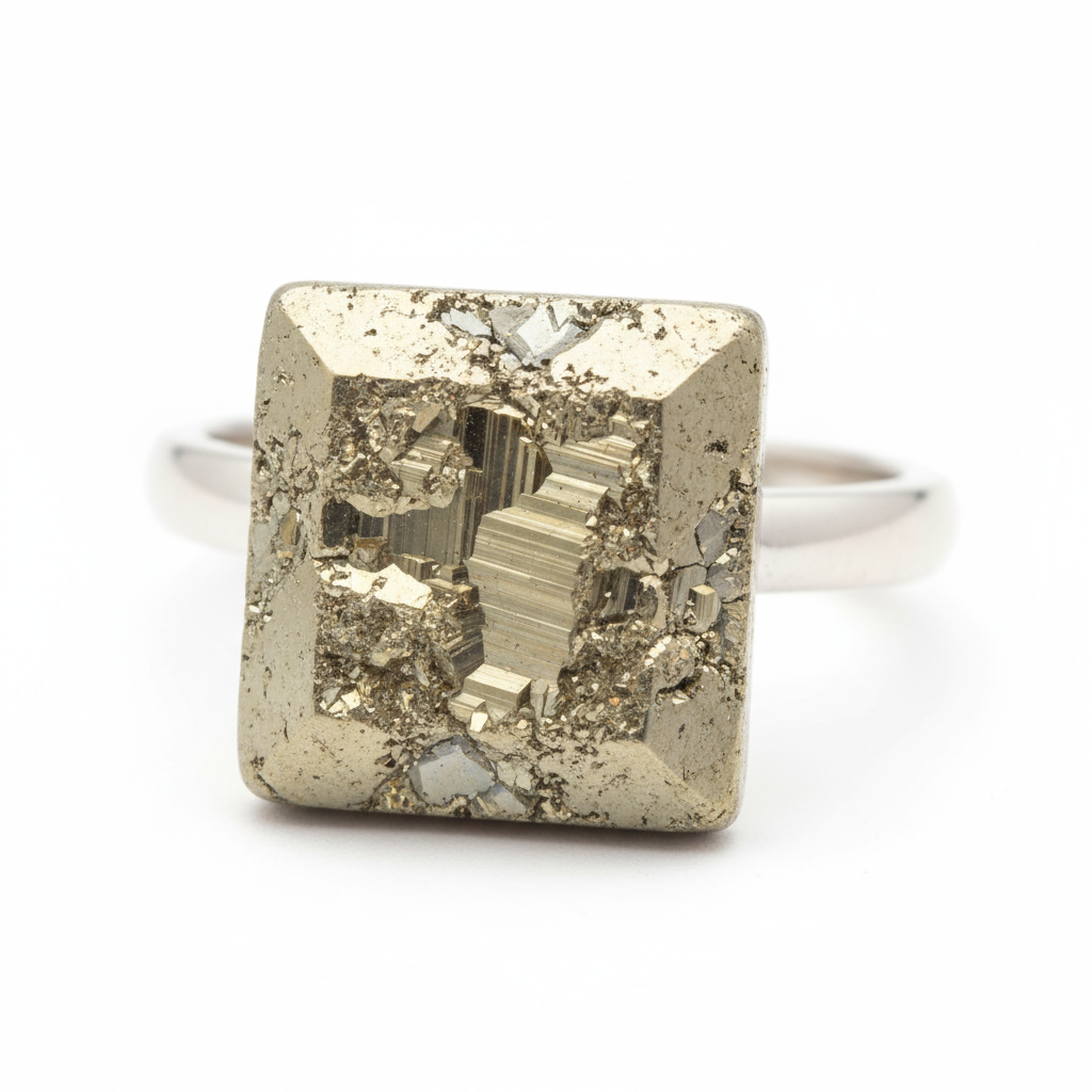 Pyrite Square Ring close-up of square-cut golden pyrite stone detail