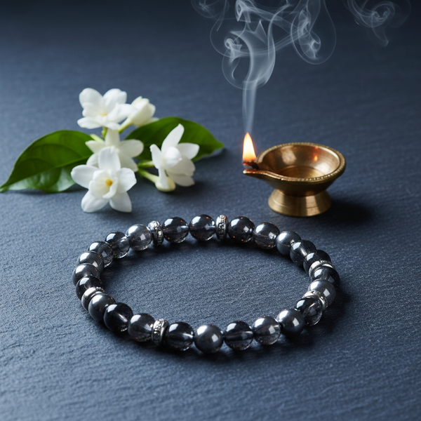 Karz Mukti Bracelet with Silver Hematite in a serene grounding spiritual setting