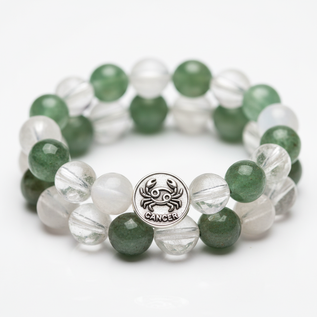 Dhan Yog Cancer Bracelet close-up of zodiac wealth crystal beads on white background