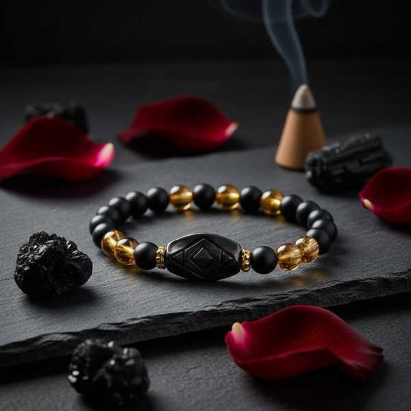 Metal Dhan Yog Bracelet Black on dark slate with protective grounding energy in a serene spiritual setting