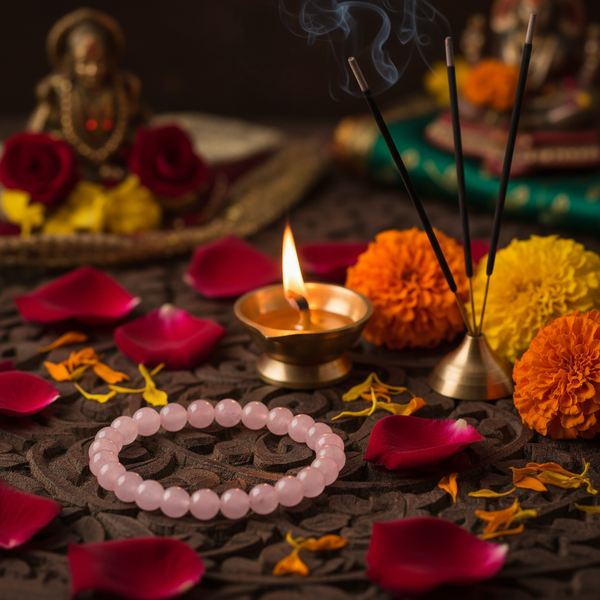 Rose Quartz Bracelet for Women 6mm in a spiritual Indian setting with diya, rose petals and marigold flowers