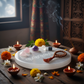 7 Chakra Selenite Plate with crystals placed on it in a spiritual setting with diya, flowers and incense