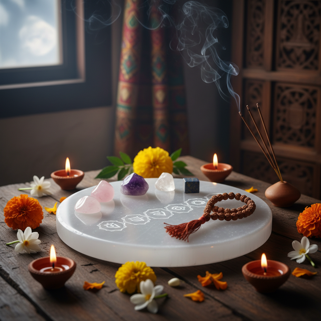 7 Chakra Selenite Plate with crystals placed on it in a spiritual setting with diya, flowers and incense