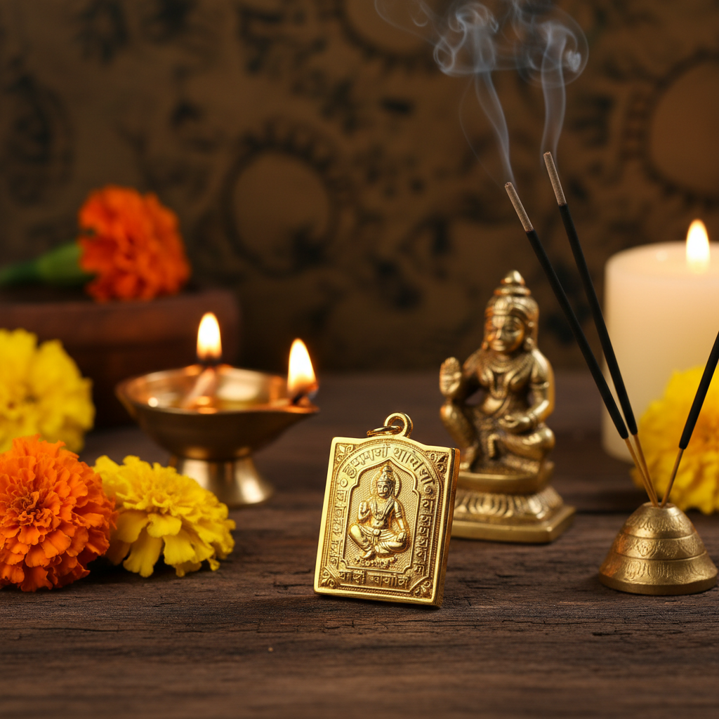 Siddh Hanuman Chalisa Kavach Gold in a spiritual Indian setting with diya, marigold flowers and Hanuman figurine
