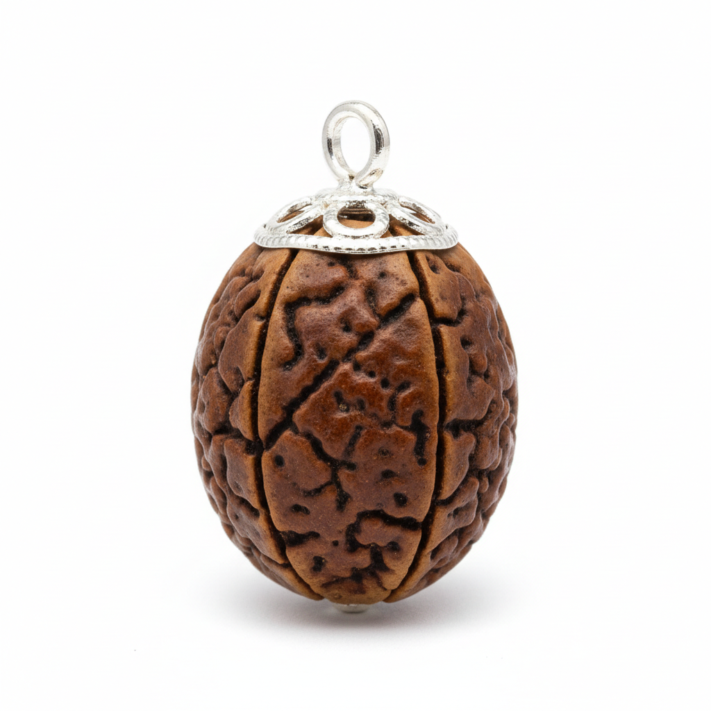 Nepal Origin 6 Mukhi Rudraksha with silver capping full shot on white background