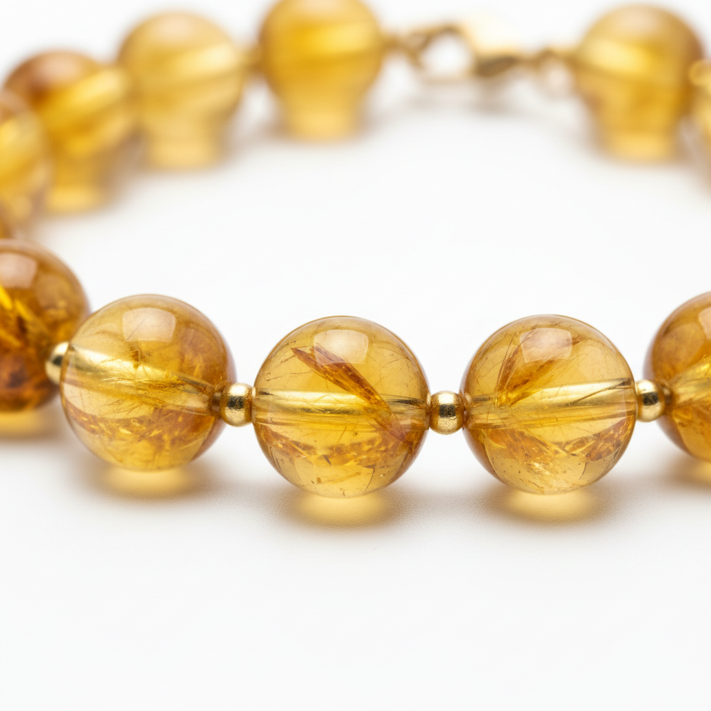 Citrine Bracelet close-up of golden yellow citrine beads on white background