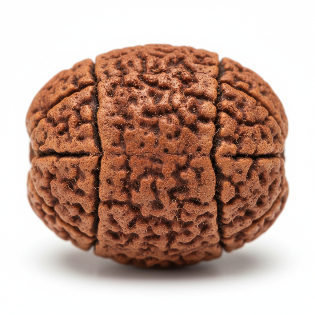 Nepal Origin 3 Mukhi Rudraksha bead macro detail showing 3 mukhi face lines and natural grain texture
