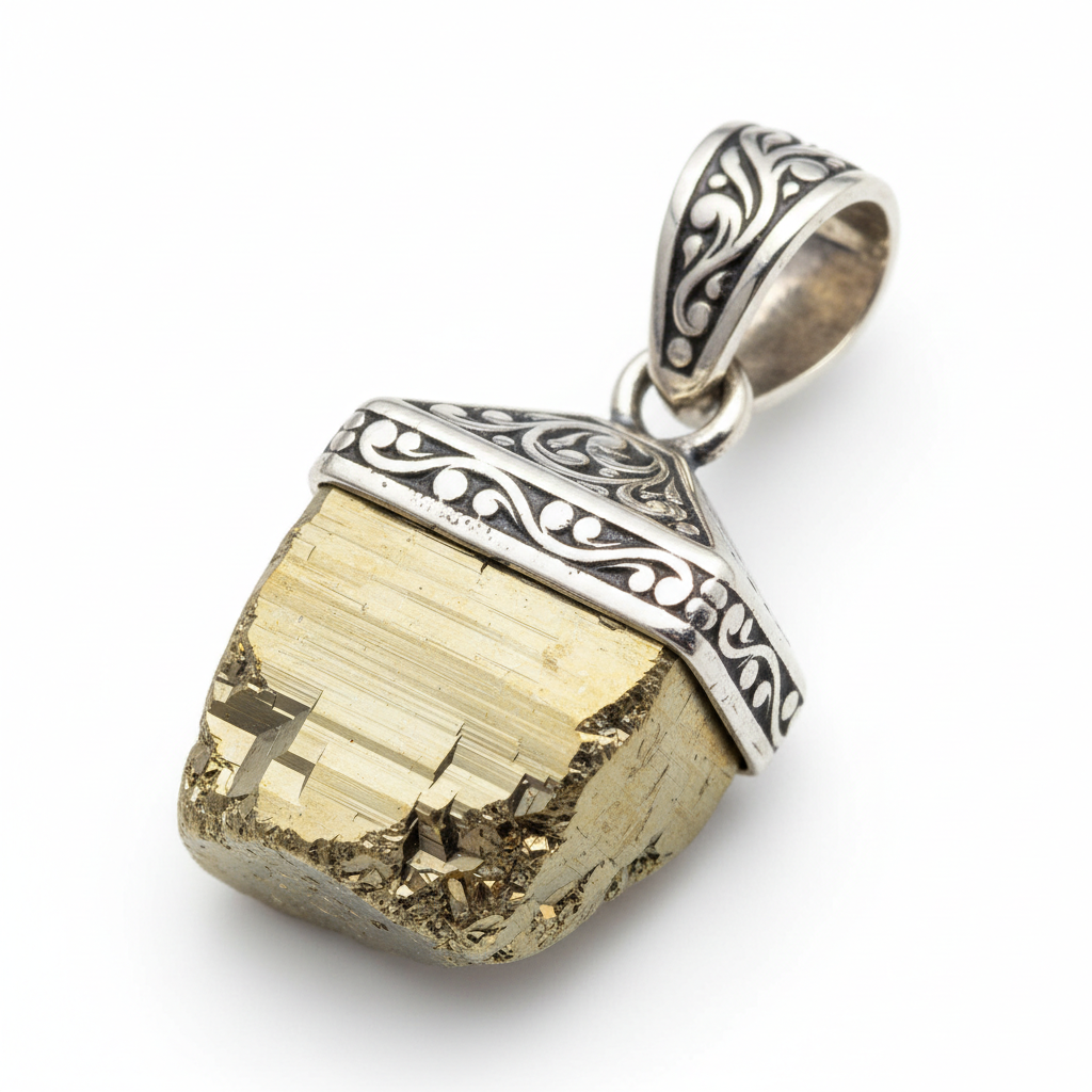Pyrite Pendant with Metal Capping close-up of pyrite stone and metal cap detail