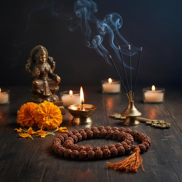 7 Mukhi Rudraksha Mala in a spiritual Indian setting with diya, marigold flowers and Lakshmi figurine