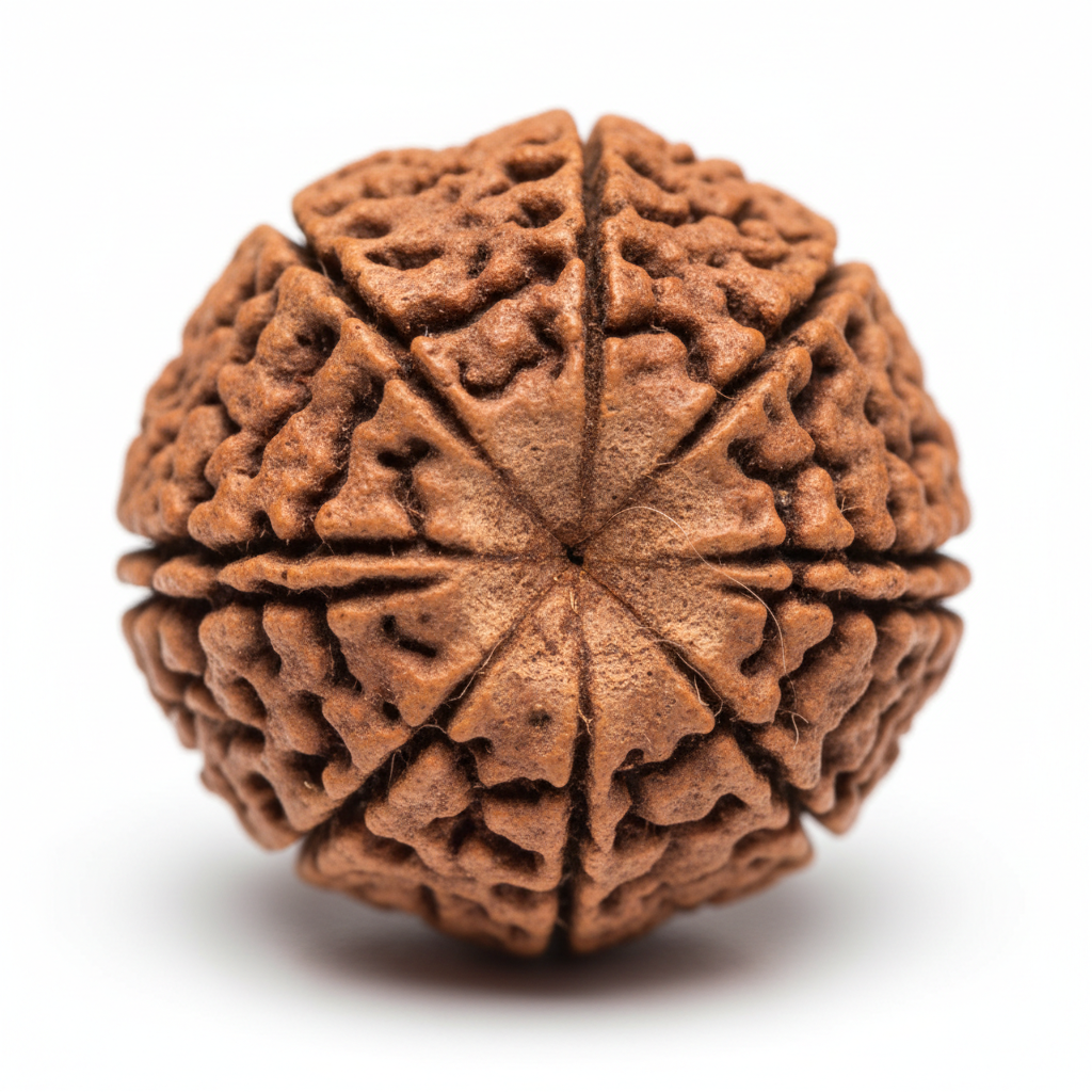 Nepal Origin 12 Mukhi Rudraksha macro close-up of 12 mukhi face lines and natural surface texture on white background