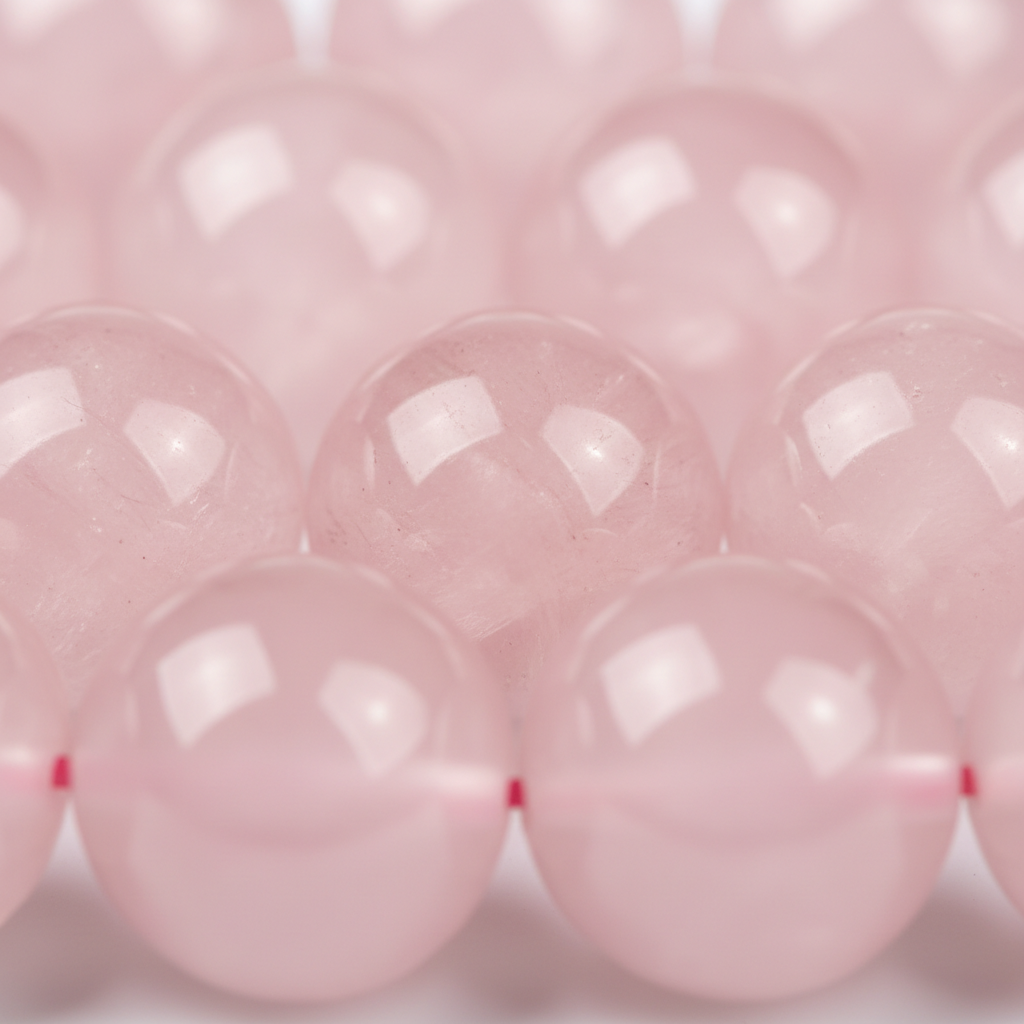 Rose Quartz Bracelet for Women 6mm macro close-up showing soft pink translucent 6mm bead colour and gentle glow