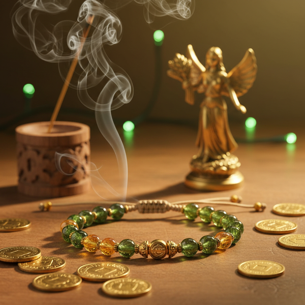Dhan Yog Virgo Bracelet zodiac wealth crystals with earthy green golden tones in a serene spiritual setting