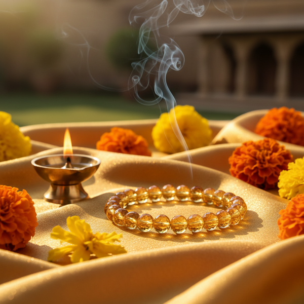 Citrine Bracelet golden yellow beads with marigolds and diya in a serene spiritual setting