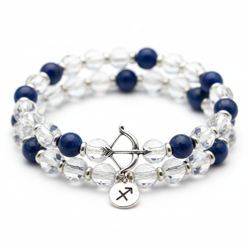 Sagittarius Bracelet close-up of zodiac crystal beads on white background