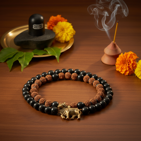 Shiv Raksha Karungali Rudraksha Mala with Nandi Pendant in a serene Shiva devotional setting