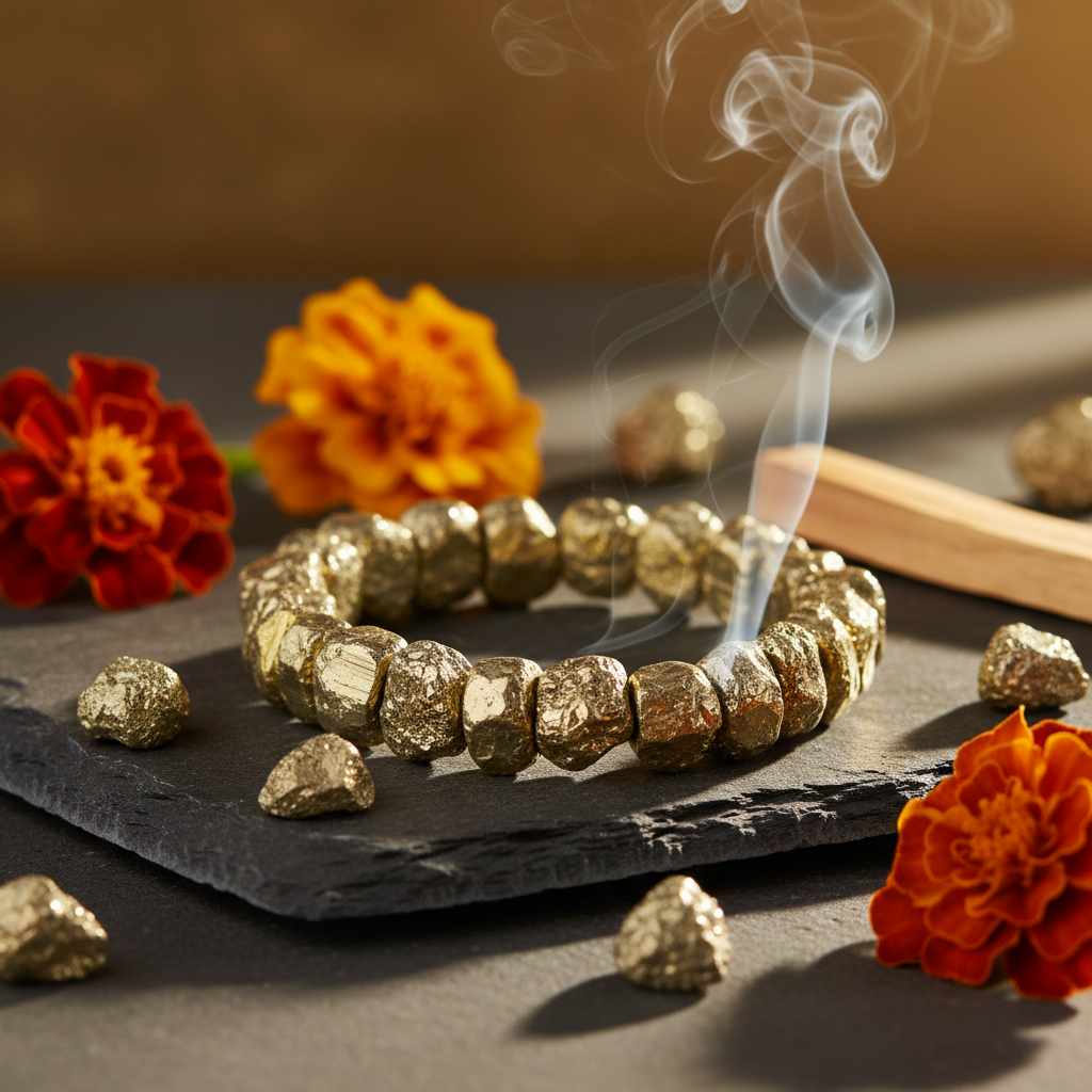 Super Raw Pyrite Bracelet natural golden chunks in a serene spiritual setting