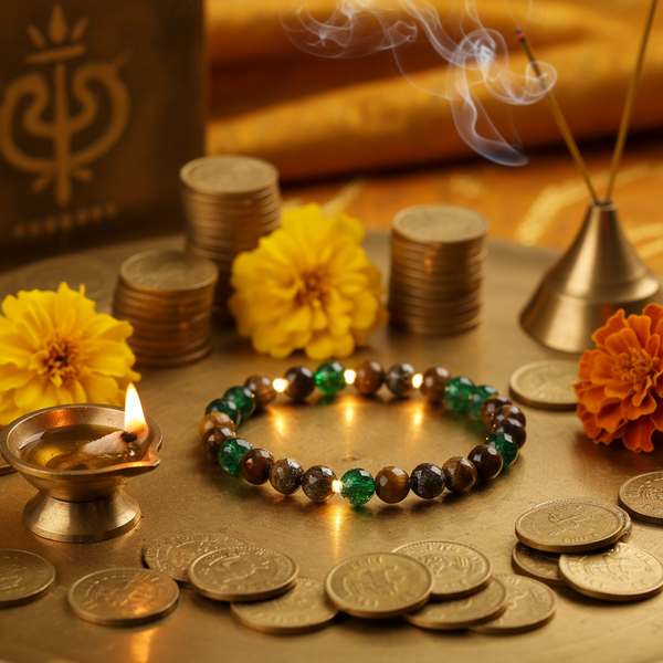 Money Magnet Bracelet abundance crystals with gold coins and diya in a serene spiritual setting