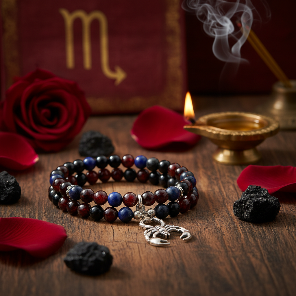 Scorpio Bracelet zodiac crystals with deep red rose petals in a serene spiritual setting