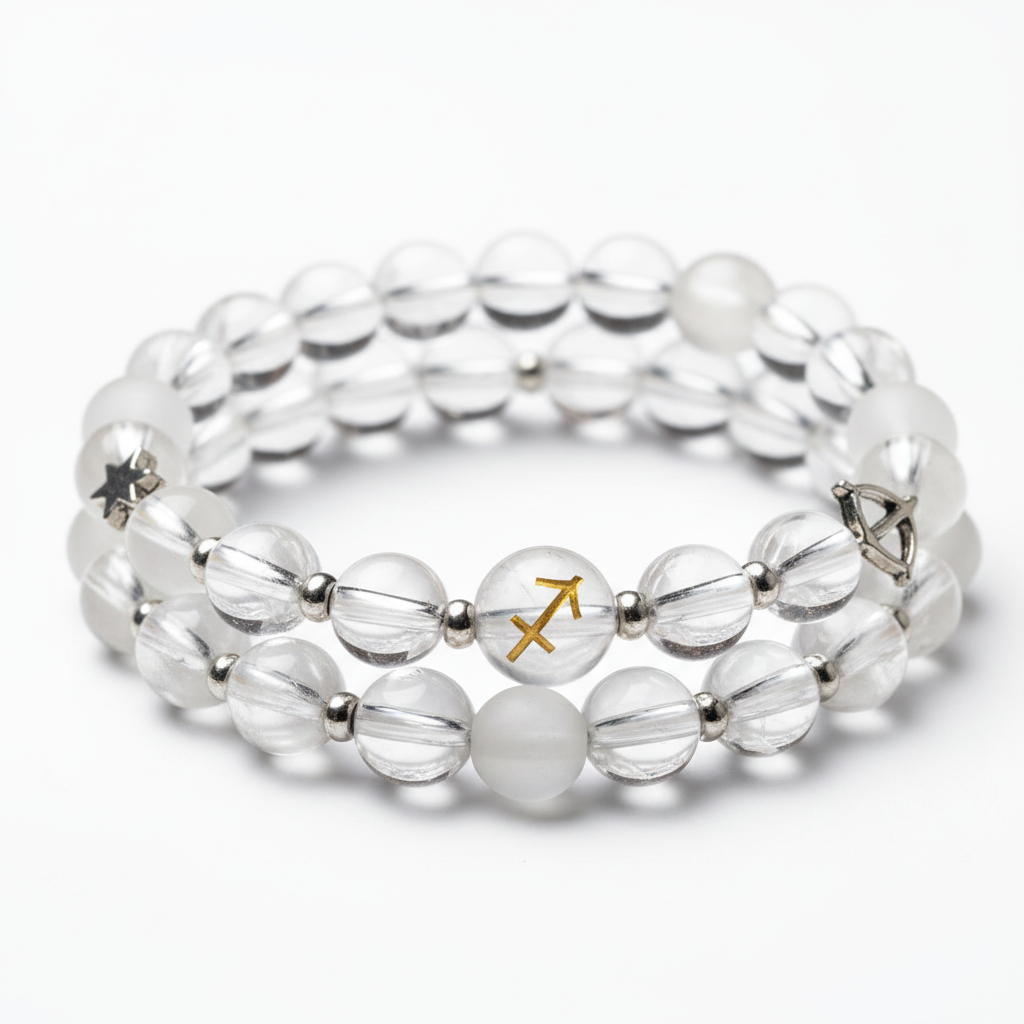 Dhan Yog Sagittarius Bracelet close-up of zodiac wealth crystal beads on white background