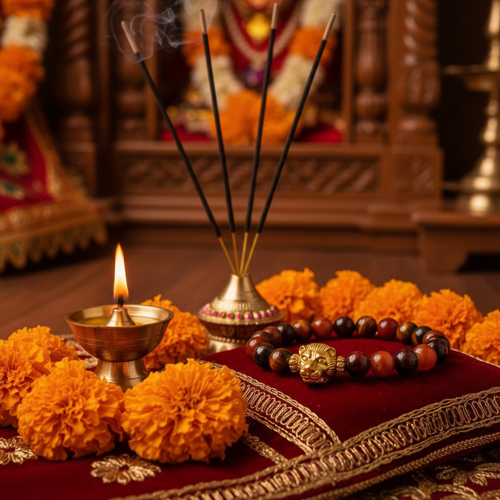 Dhan Yog Leo Bracelet in a spiritual Indian setting with diya, flowers and incense