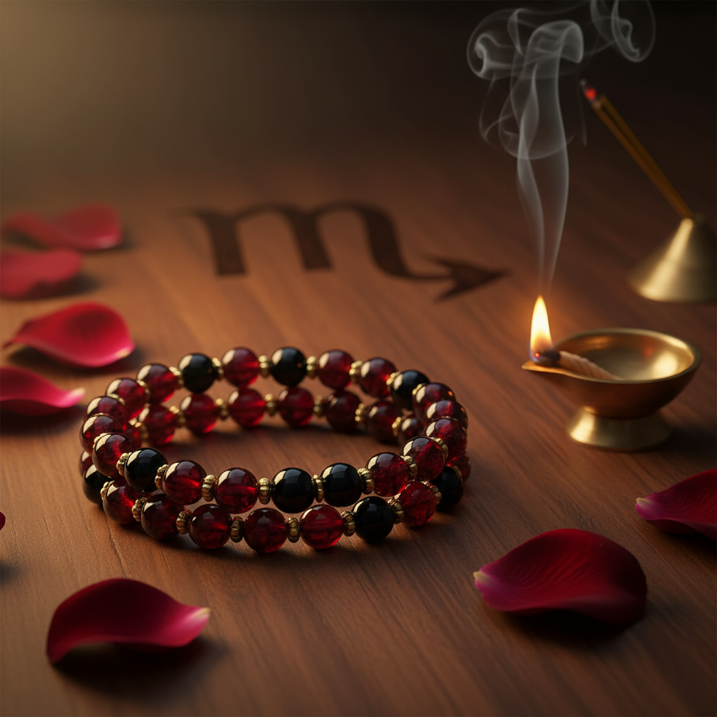 Dhan Yog Scorpio Bracelet in a serene spiritual setting with diya and rose petals