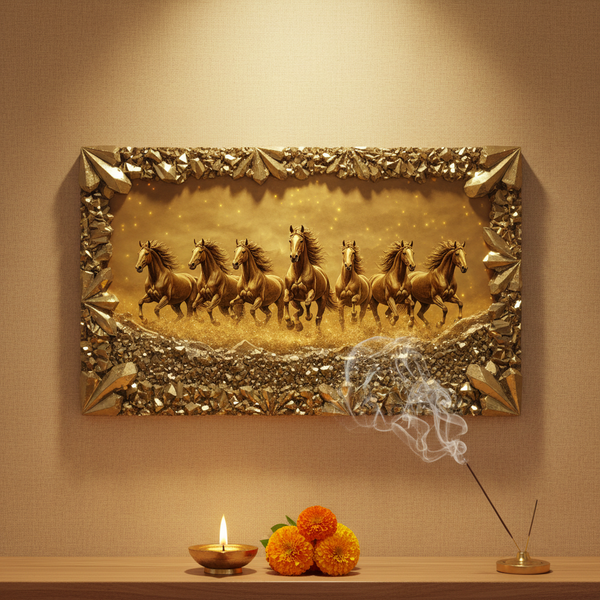 7 Horses on Pyrite Frame vastu artwork in a serene home decor setting with diya and marigolds