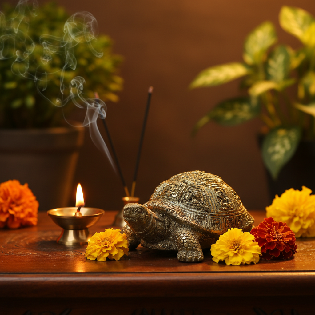 Pyrite Resin Tortoise Kachhua in a serene vastu home decor setting with diya and marigolds
