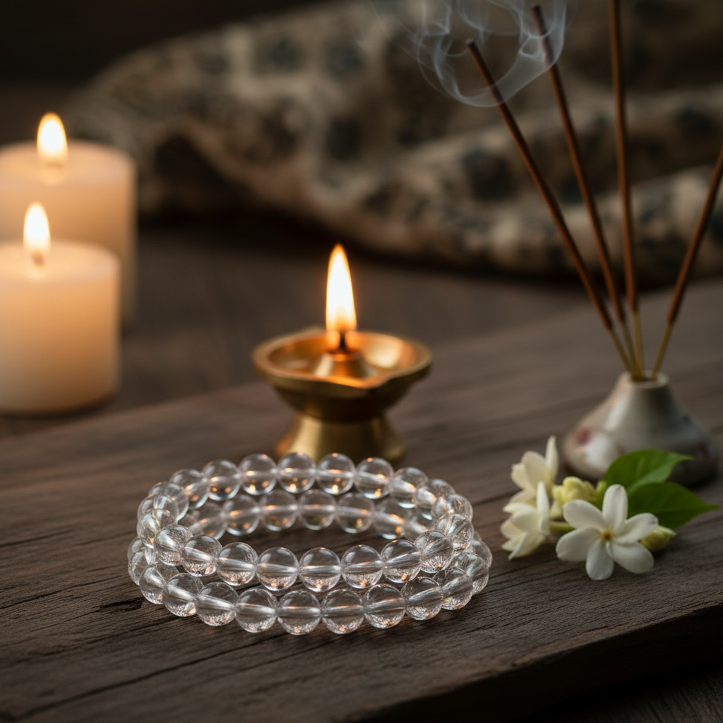 Natural Sphatik Crystal Bracelet in a spiritual Indian setting with diya, white jasmine flowers and incense