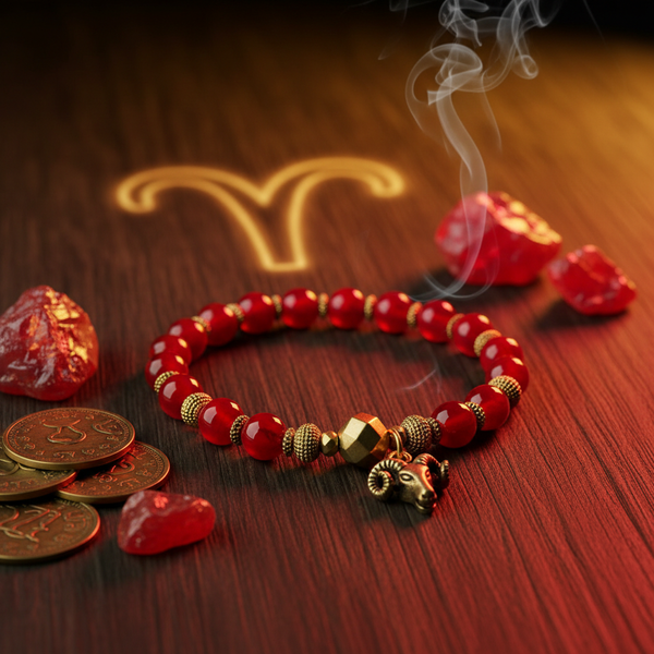 Dhan Yog Aries Bracelet zodiac wealth crystals with fiery red golden tones in a serene spiritual setting