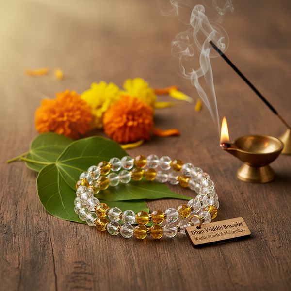 Dhan Vriddhi Bracelet crystal beads with green leaves and diya in a serene spiritual setting
