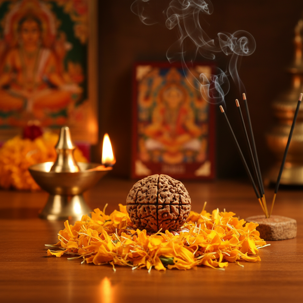 Nepal Origin 8 Mukhi Rudraksha bead in a spiritual Indian setting with diya, flowers and incense