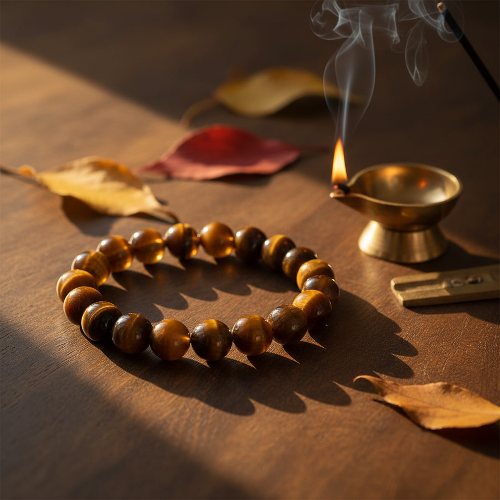 Tiger Eye Bracelet golden brown chatoyant beads in a serene spiritual setting