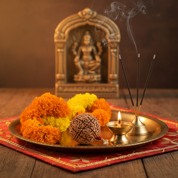 Nepal Origin 11 Mukhi Rudraksha bead in a spiritual Indian setting with diya, flowers and incense