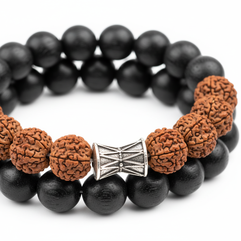 Karungali Rudraksha Damru Bracelet macro close-up showing alternating black ebony and Rudraksha bead textures with Damru symbol