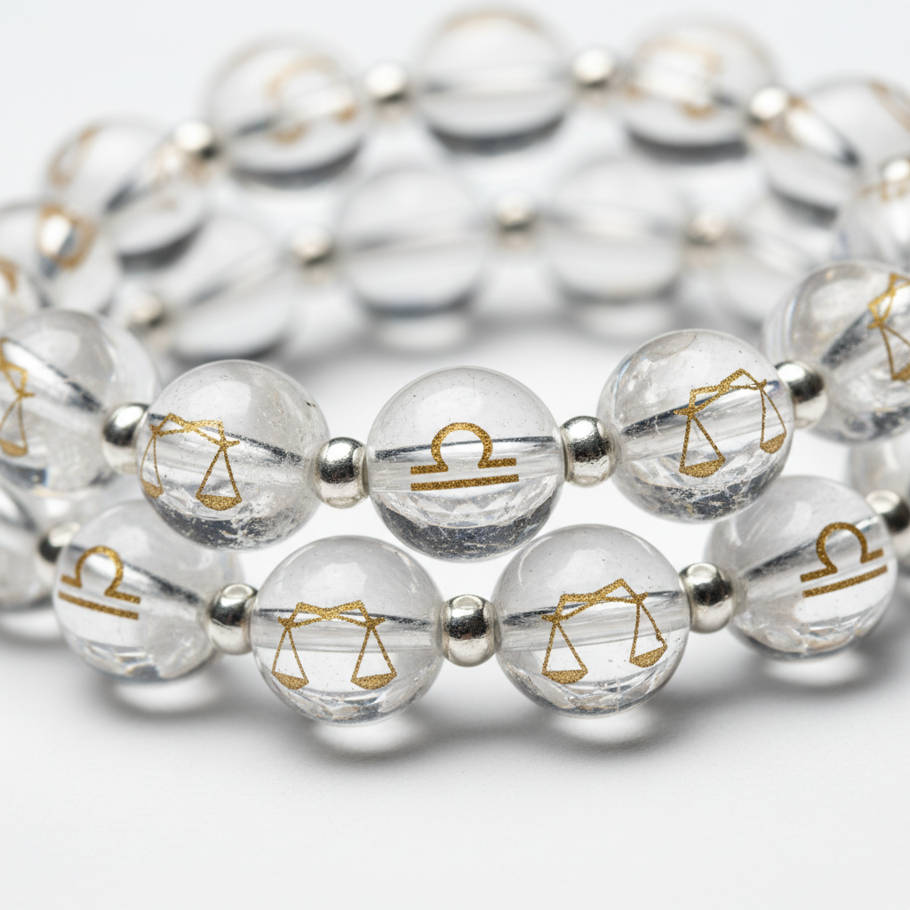 Libra Bracelet close-up of zodiac crystal beads on white background