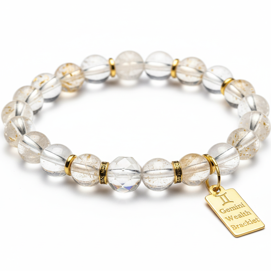 Dhan Yog Gemini Bracelet close-up detail of crystal beads on white background