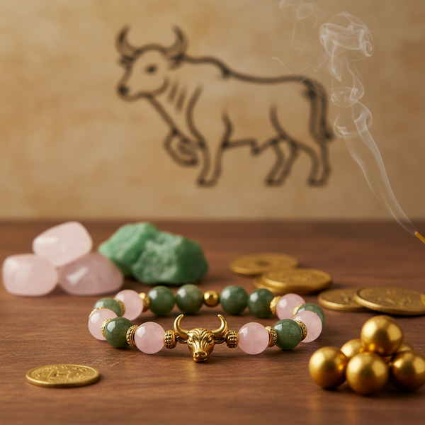 Dhan Yog Taurus Bracelet zodiac wealth crystals with earthy green golden tones in a serene spiritual setting