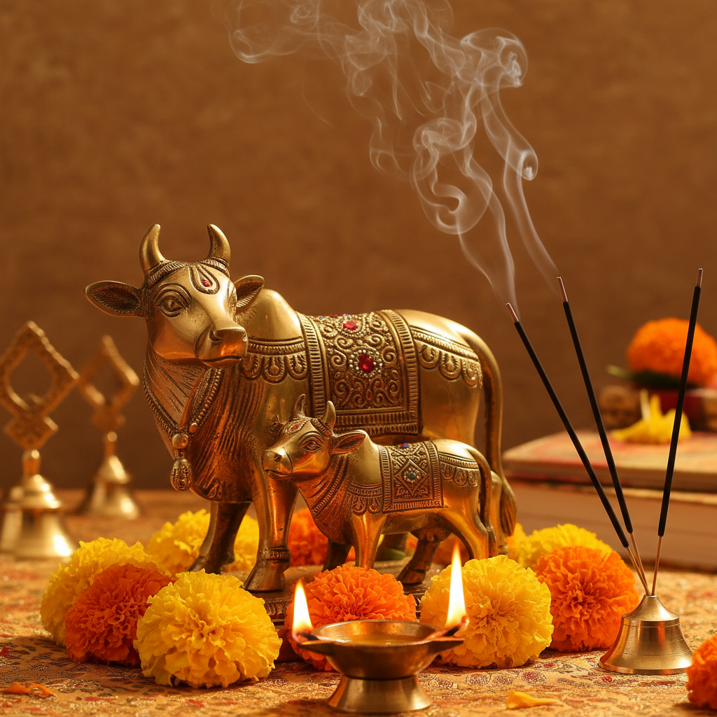 Brass Kamdhenu Cow with Calf Murti in a spiritual Indian setting with diya, flowers and incense