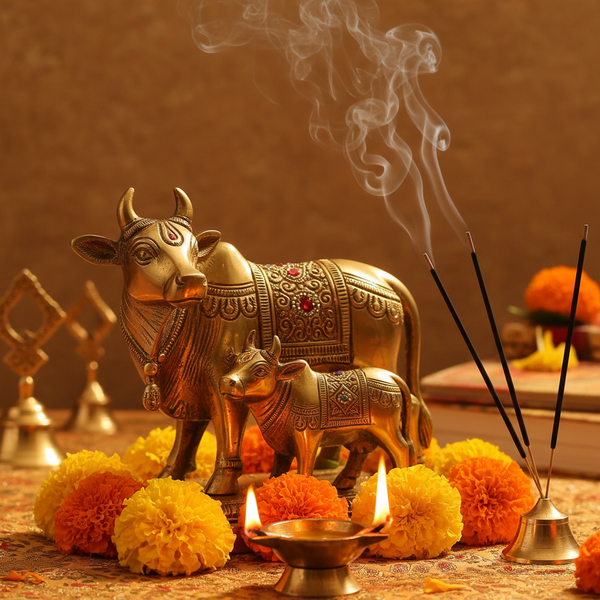 Brass Kamdhenu Cow with Calf Murti in a spiritual Indian setting with diya, flowers and incense