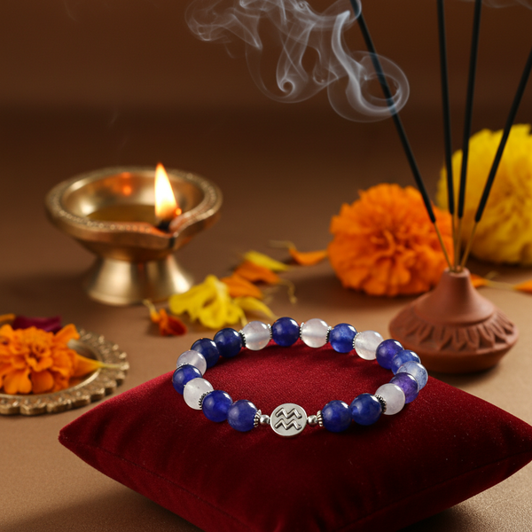 Dhan Yog Aquarius Bracelet in a spiritual Indian setting with diya, flowers and incense