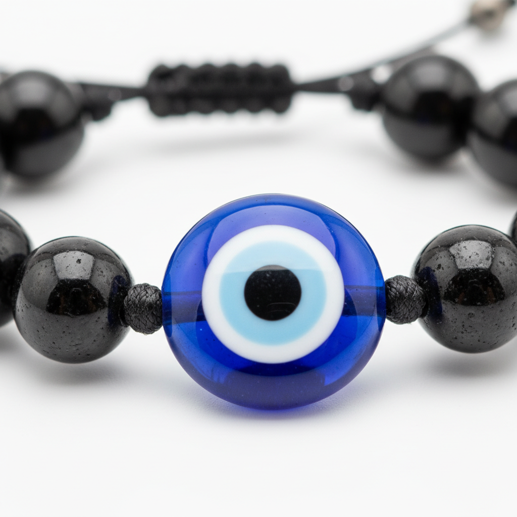 Evil Eye Bracelet with Black Obsidian close-up of obsidian beads and evil eye charm
