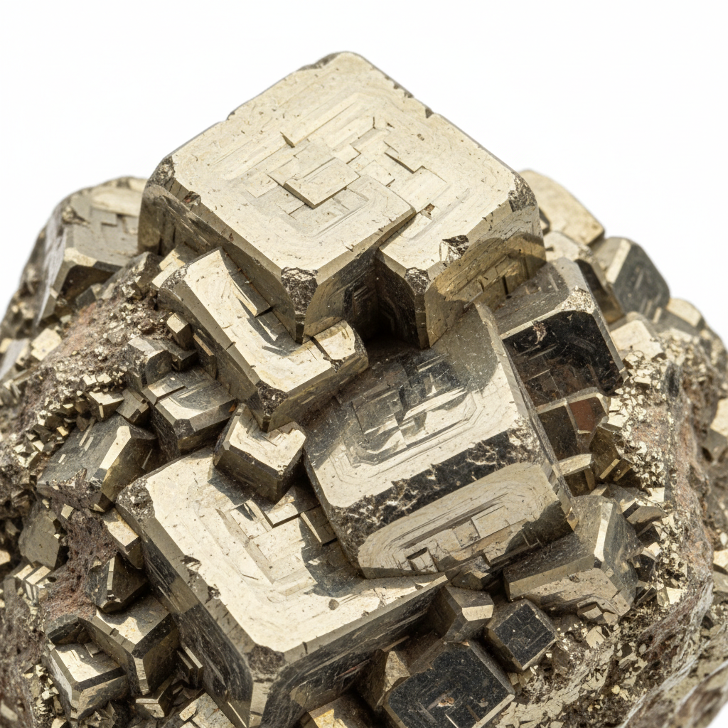 Pyrite Stone 1kg macro close-up of golden metallic cubic crystal structure on white background