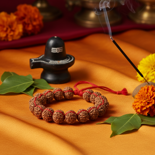 Sawan Siddh 7 Mukhi Rudraksha Bracelet on saffron cloth with bilva leaves in a serene devotional setting