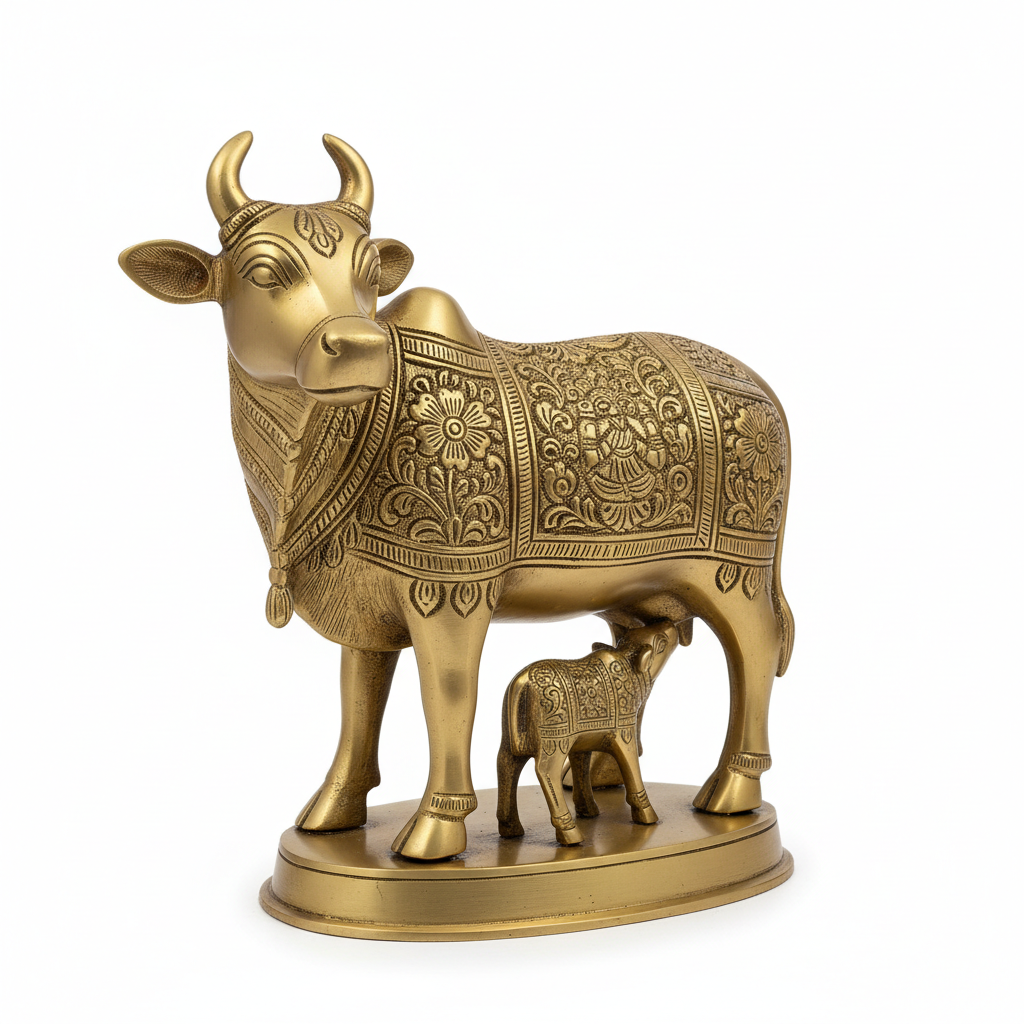 Brass Kamdhenu Cow with Calf Murti full product shot on white background