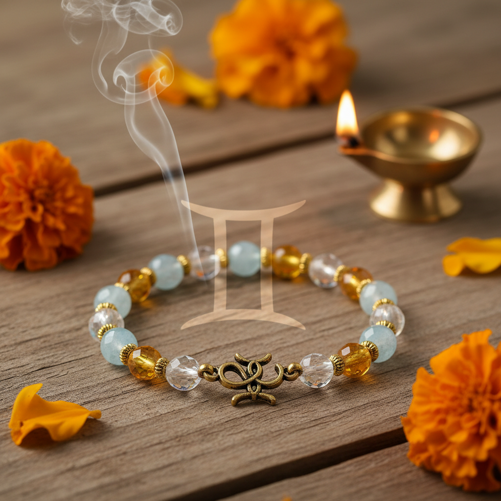 Dhan Yog Gemini Bracelet in a serene spiritual setting with diya and marigolds