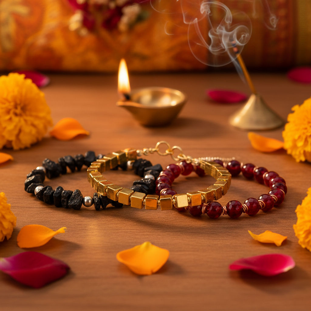 Three crystal anklet set with pyrite, black tourmaline and garnet in a serene spiritual setting