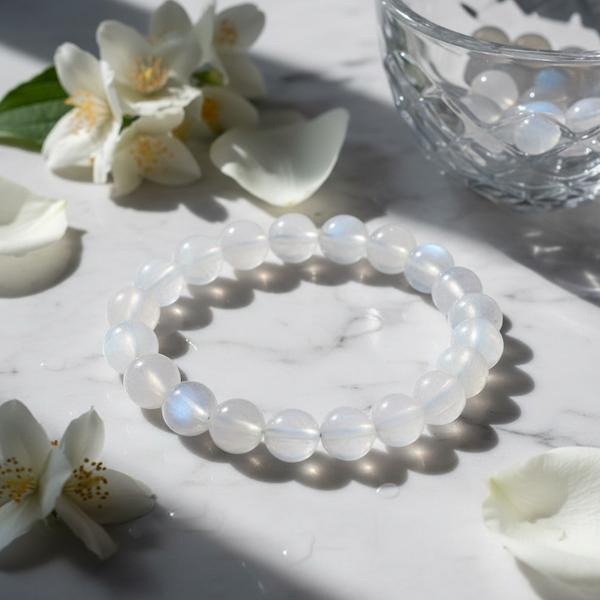 Moonstone Bracelet luminous milky beads with moonlight glow in a serene spiritual setting