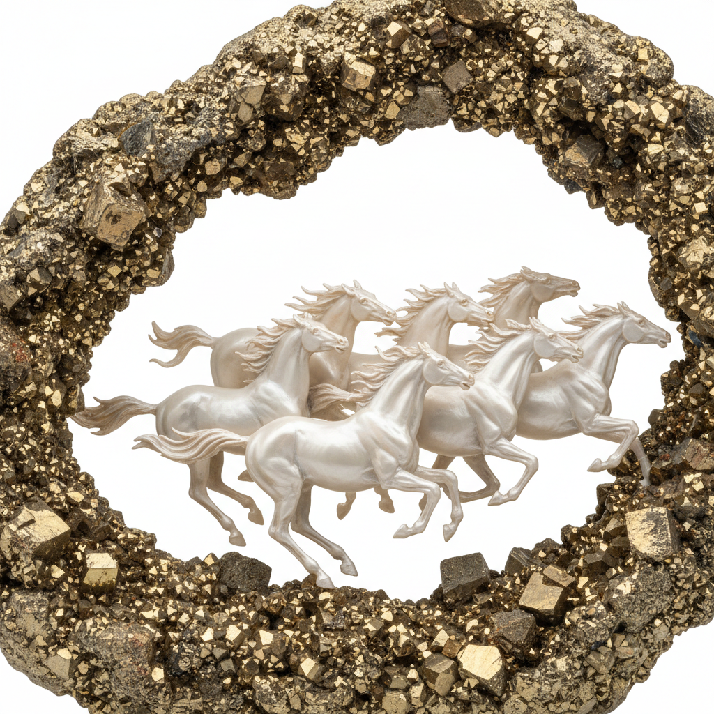 7 Horses on Pyrite Frame close-up of golden pyrite frame and horse artwork detail